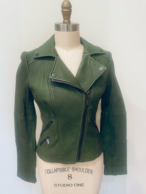 BCBGMaxAzria Olive Green Leather Moto Jacket